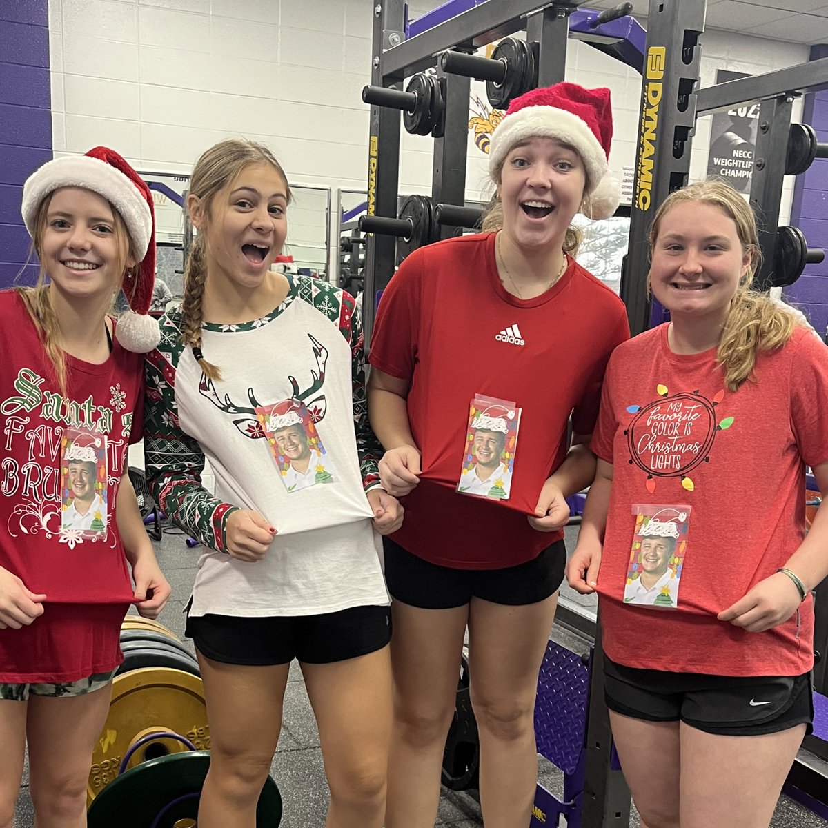 crlanam's tweet photo. Christmas outfits and sweaters in the weight room for maxing out on power cleans! Tons of new PR’s for athletes from every sport led by EMiller’s 285! As for who won the ugliest sweater contest.. it wasn’t even close! #Apride https://t.co/GGjjHtSXIf