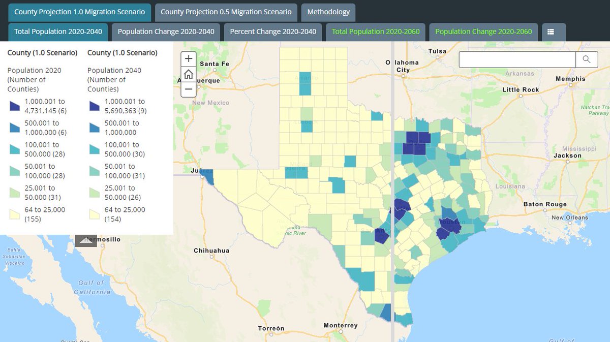 Following the release of our Vintage 2022 Population Projections, we created a swipe map (bit.ly/3VINiWV) to visualize the total population in Texas and how it may change in the future.