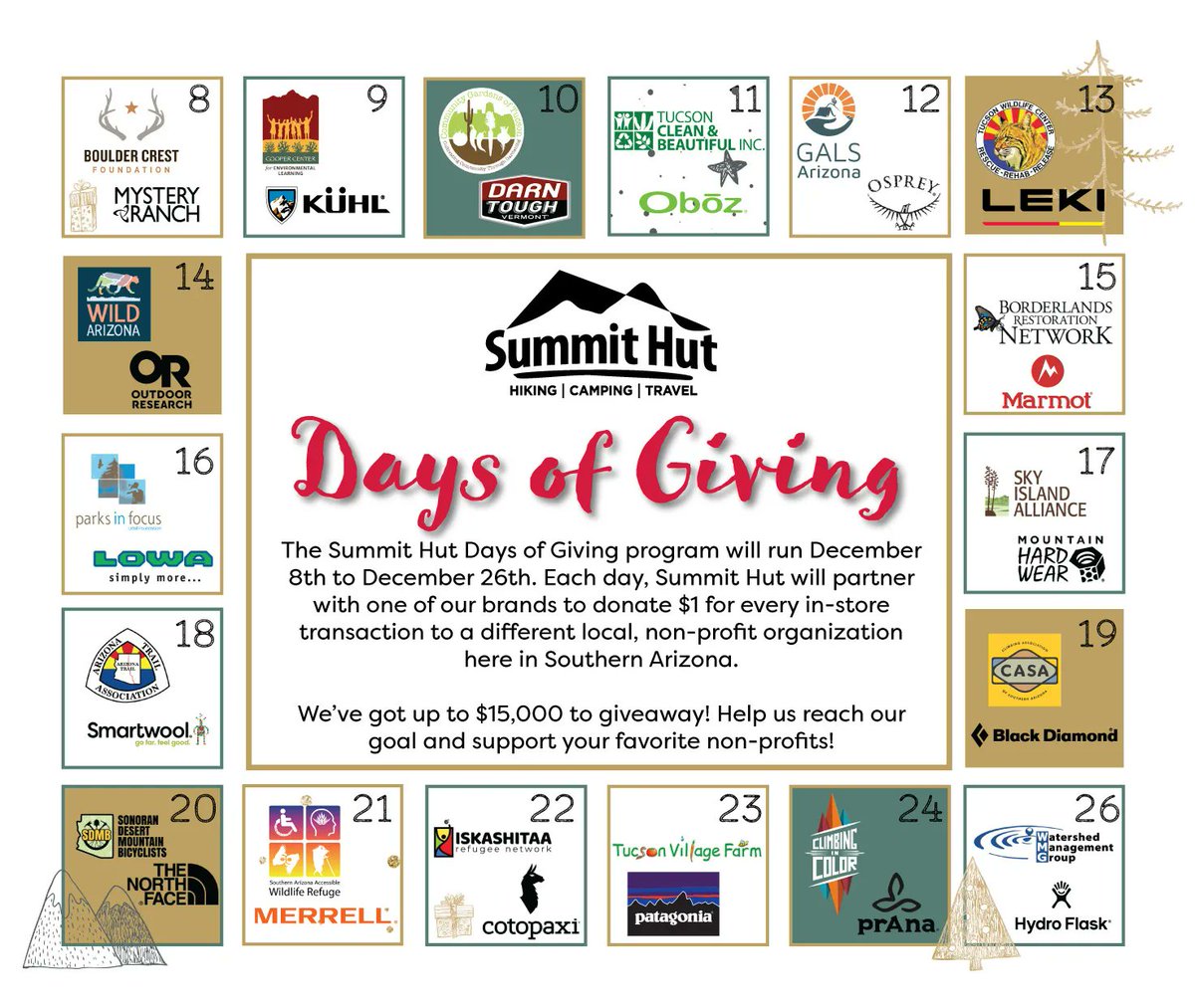 TODAY! Be sure to do some holiday shopping with us at Summit Hut on Speedway as part of Days of Giving. We'll be there from 4pm - 6pm so stop by and say "hi" and your Summit Hut purchase will support Camp Cooper! #SummitHut #Giving #CooperCenterAZ #ShopLocal #Fundraiser