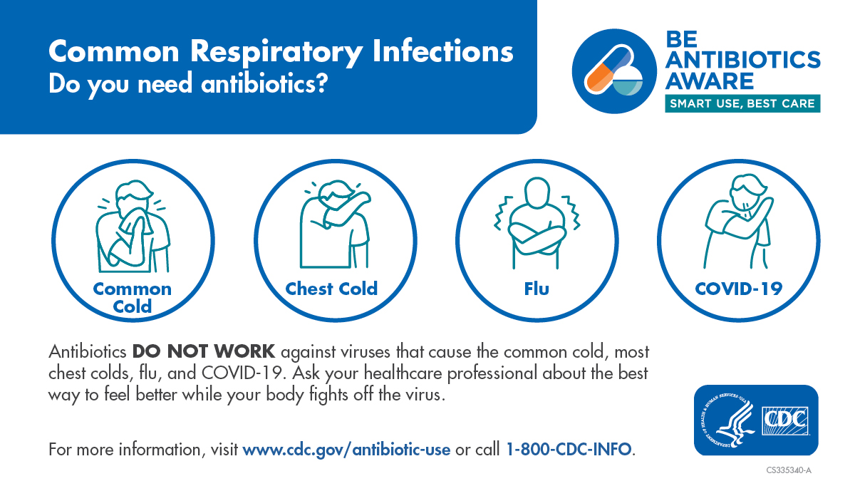 CDCgov's tweet photo. #Antibiotics do not work for viruses like #flu or #COVID19, but other medications, like antivirals, can treat viruses. Ask your HCP about the best way to treat your illness: https://t.co/gnnOyksOep
#BeAntibioticsAware #AntimicrobialResistance https://t.co/gA2MOjwzNy