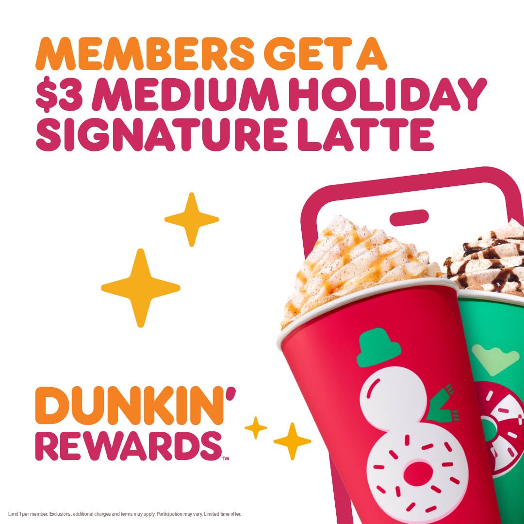 New Dunkin’ Rewards! $3 Medium hot or iced Holiday Signature Latte for Rewards Members? What a treat! Join Dunkin’ Rewards. Save ‘em, stack ‘em, use ‘em how you want. ☕️ 😋 #ad #dunkin #dunkinrewards