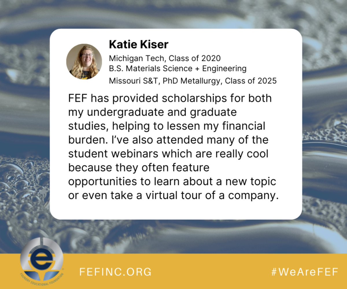 FEF_INC's tweet photo. FEF is proud to support students in a variety of ways. Current Missouri S&T (@MissouriSandT) student, Katie Kiser, shares her experience:
#WeAreFEF #FutureOfFoundry #StudentExperience #Opportunities #Metalcasting #FEF https://t.co/MVAsYI3Ld3