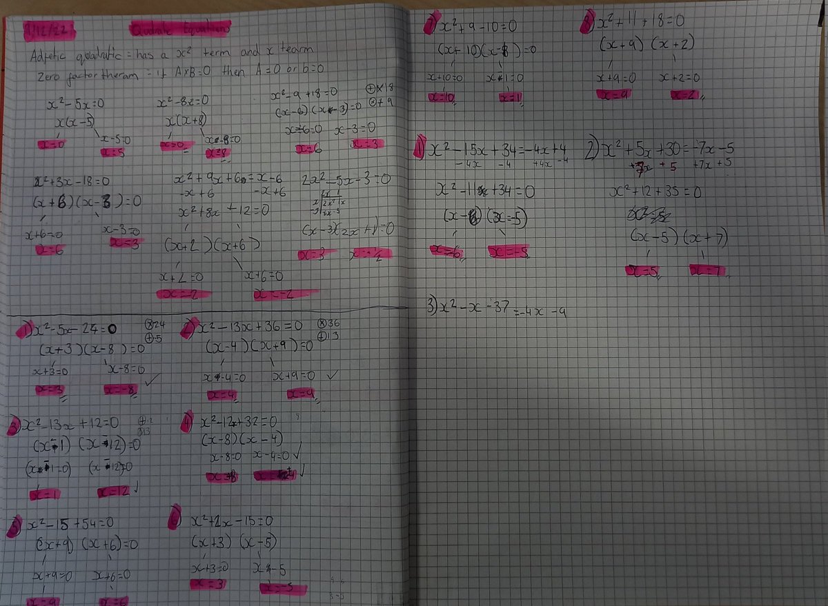 BucksburnMaths's tweet photo. Solving quadratic equations with #n5maths. Made a conscious to use the terms "pure" and "adfected" to describe quadratics after @mathsjem talk at an online @NAllianceScot conference a couple years back. @MrCarterMaths providing plenty of practice at both. https://t.co/tU4A2QWMT5