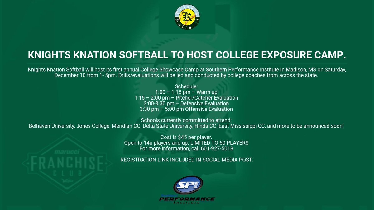 Southern Performance Institute (@spinstitute_ms) on Twitter photo Knights Knation Softball & SPI are hosting a College Showcase Camp Dec. 10. Limited to 60 players, ages 14u and up.
Registration link: knightsms.leagueapps.com/events/3558696…
<a href="/SPInstitute_MS/">Southern Performance Institute</a> <a href="/knightsms_sb/">Knights Knation MS Softball</a> <a href="/MarucciDugout/">Marucci Dugout</a> <a href="/maruccisoftball/">Marucci Fastpitch</a> #FranchiseClub #4L Knights Knation Softball & SPI are hosting a College Showcase Camp Dec. 10. Limited to 60 players, ages 14u and up.
Registration link: knightsms.leagueapps.com/events/3558696…
<a href="/SPInstitute_MS/">Southern Performance Institute</a> <a href="/knightsms_sb/">Knights Knation MS Softball</a> <a href="/MarucciDugout/">Marucci Dugout</a> <a href="/maruccisoftball/">Marucci Fastpitch</a> #FranchiseClub #4L