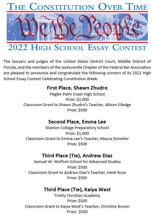 Congratulations to the winners of the Jacksonville Division's 2022 High School Essay Contest Celebrating Constitution Week!