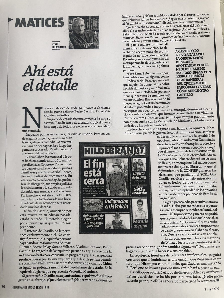 IDL_Rivera's tweet photo. Demoledor editorial de C. HILDEBRANDT @#ensustrece “Que la derecha no se alegre tanto. Los problemas del país siguen allí y el resentimiento late en las regiones.” https://t.co/OlO8lvg9Q6