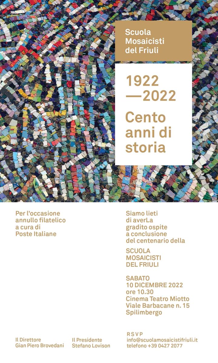 Domani, sabato 10 dicembre 2022 evento di chiusura del #centenario della Scuola Mosaicisti del Friuli. #Spilimbergo, Cinema Teatro Miotto, ore 10.30. 
Ingresso libero
<a href="/regioneFVGit/">Regione FVG</a> @FVGlive
#mosaic #mosaico #mosaicisti
#fvg #spilimbergo #eccellenza