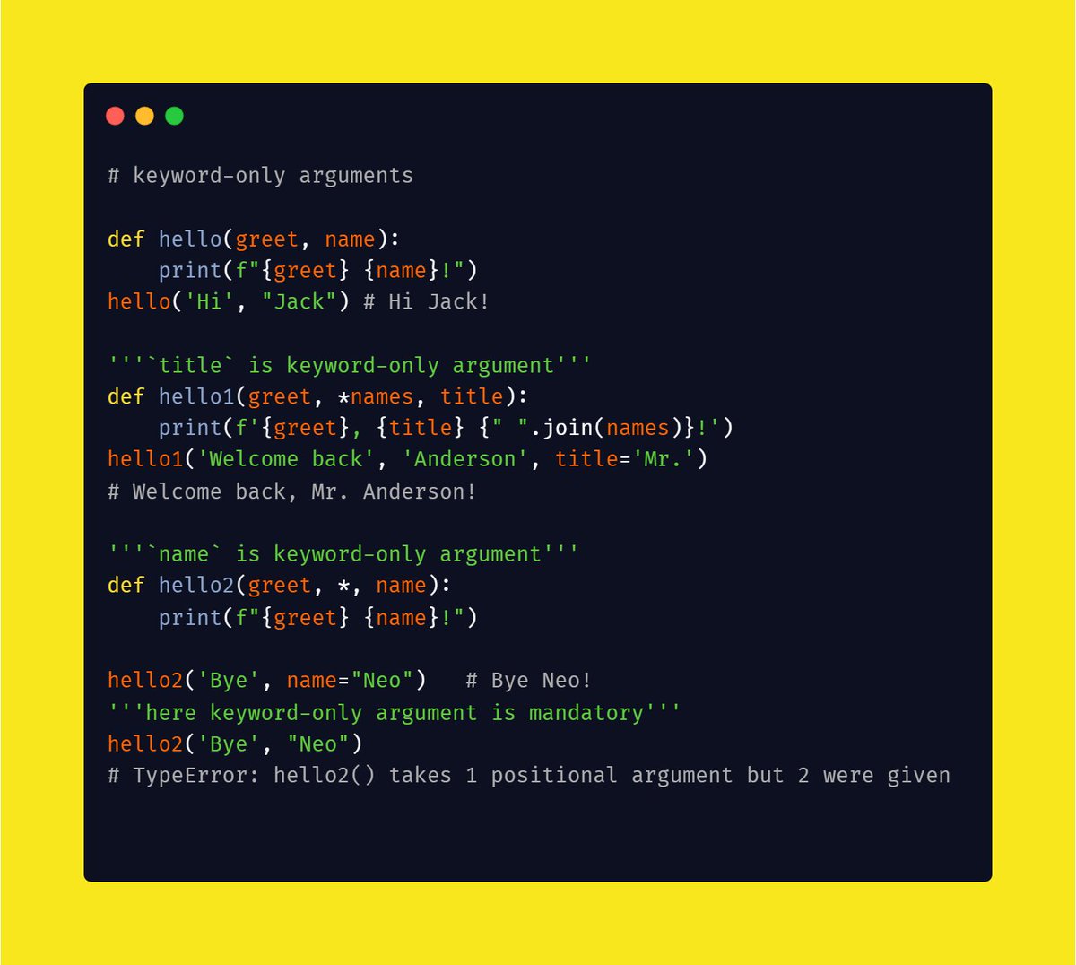 pythonnotes's tweet image. To specify keyword-only arguments when defining a function, name them after the argument prefixed with *. If you don’t want to support variable positional arguments but still want keyword-only arguments, put a * by itself in the signature.
#Python #pythonprogramming