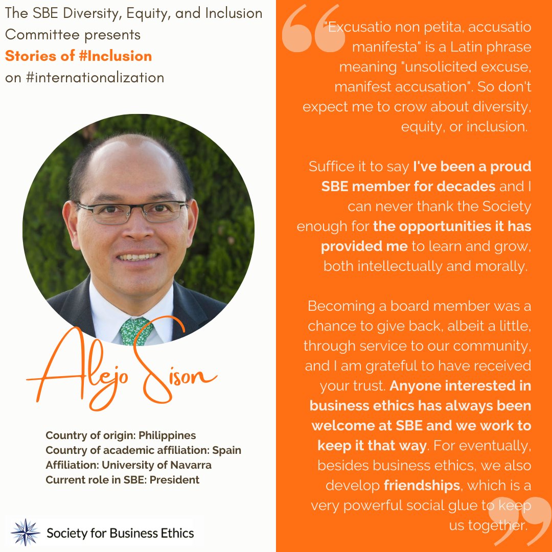 Our first #SBEDEIStory is from Prof. Alejo Sison, current President of SBE. Originally from the Philippines, he is currently affiliated with the <a href="/unav/">Universidad de Navarra</a>, Spain. He shares his thoughts on SBE as a welcoming academic community.