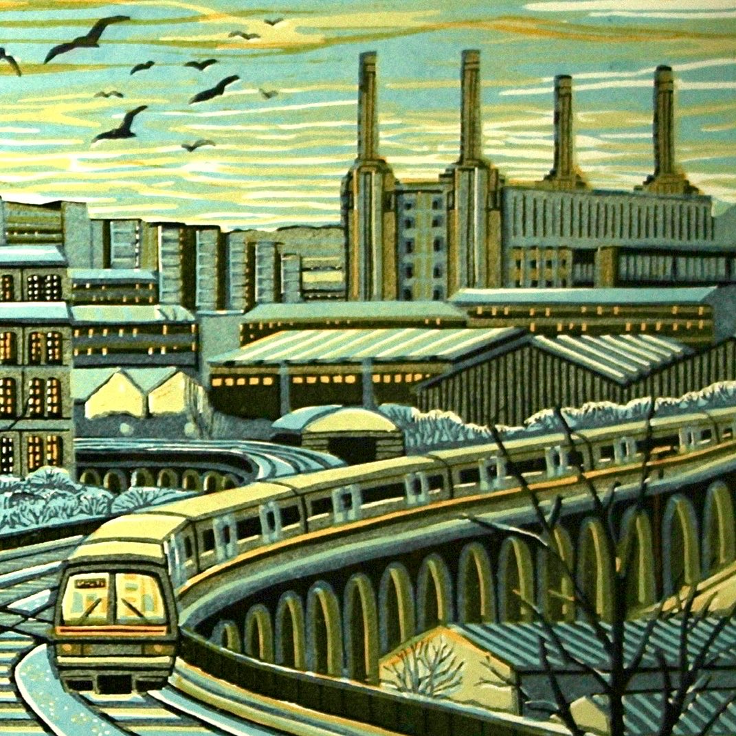 The architect of Battersea Power Station (and the designer of those iconic red telephone boxes), Giles Gilbert Scott was born today in 1880….
 #Londonprint #linocut #BatterseaPowerStation