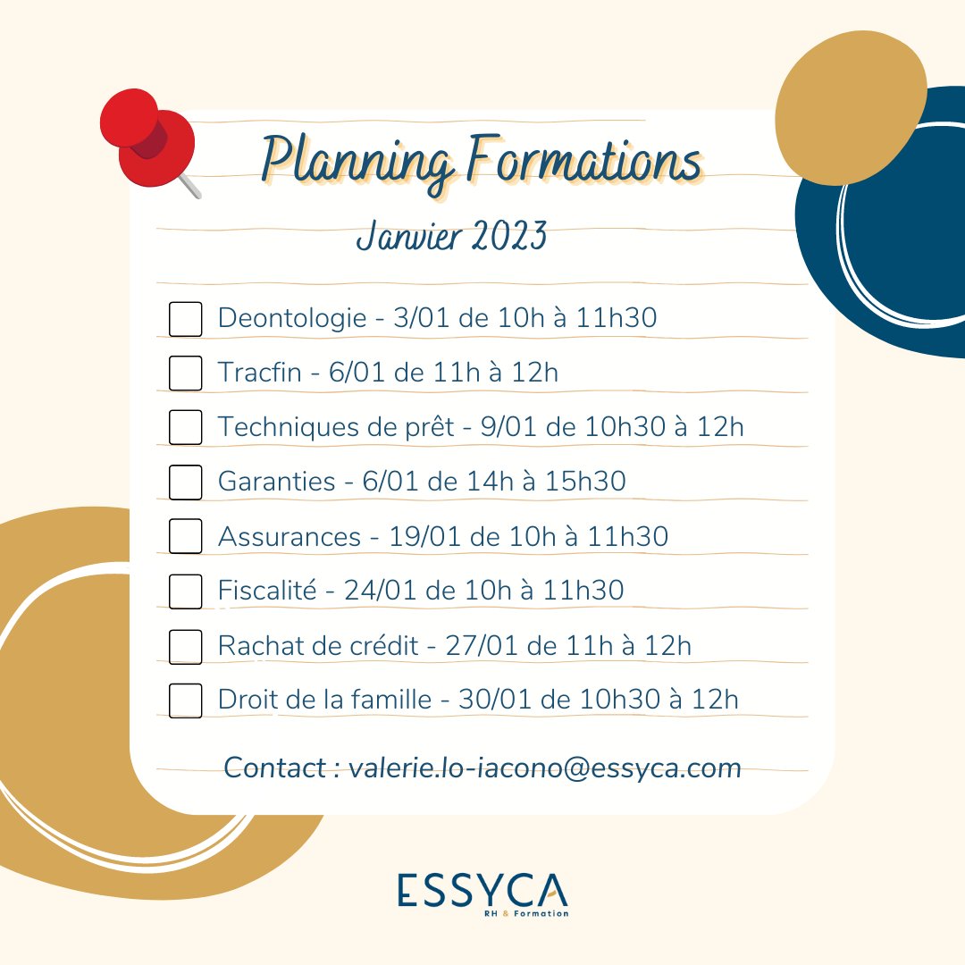 Planning des formations de Janvier ✨
Vous souhiatez y participer ? Contactez Valérie LO IACONO : valerie.lo-iacono@essyca.com. 
Pour en savoir plus : swll.to/SGH66 
#essyca #formation #formations #professionnel #professionnels #janvier #virtuel #classevirtuelle