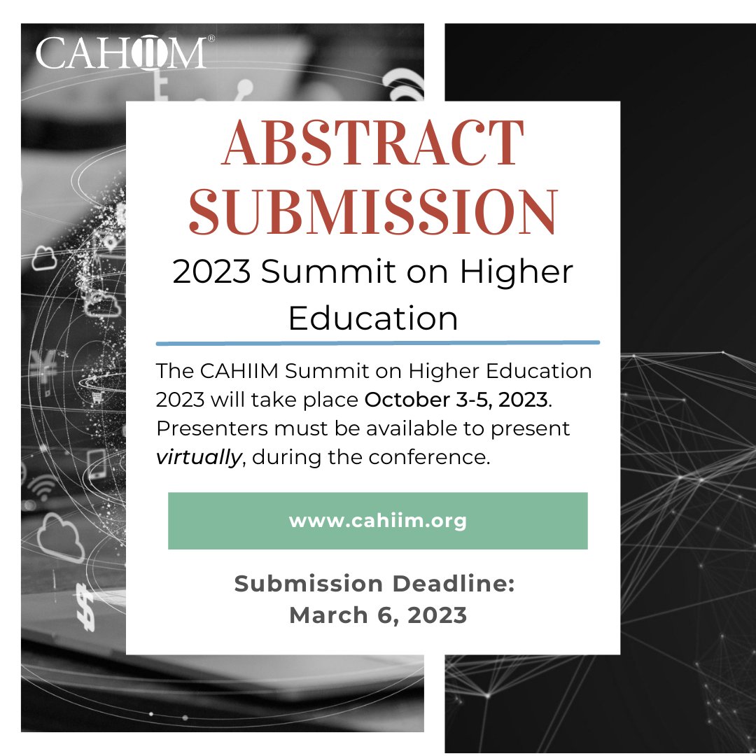 Are YOU doing innovative research in Health Informatics or AI? 

Submit your abstract for the 2023 Summit on Higher Education

Application deadline is March 6, 2023

Submit HERE: bit.ly/3ETRSf9