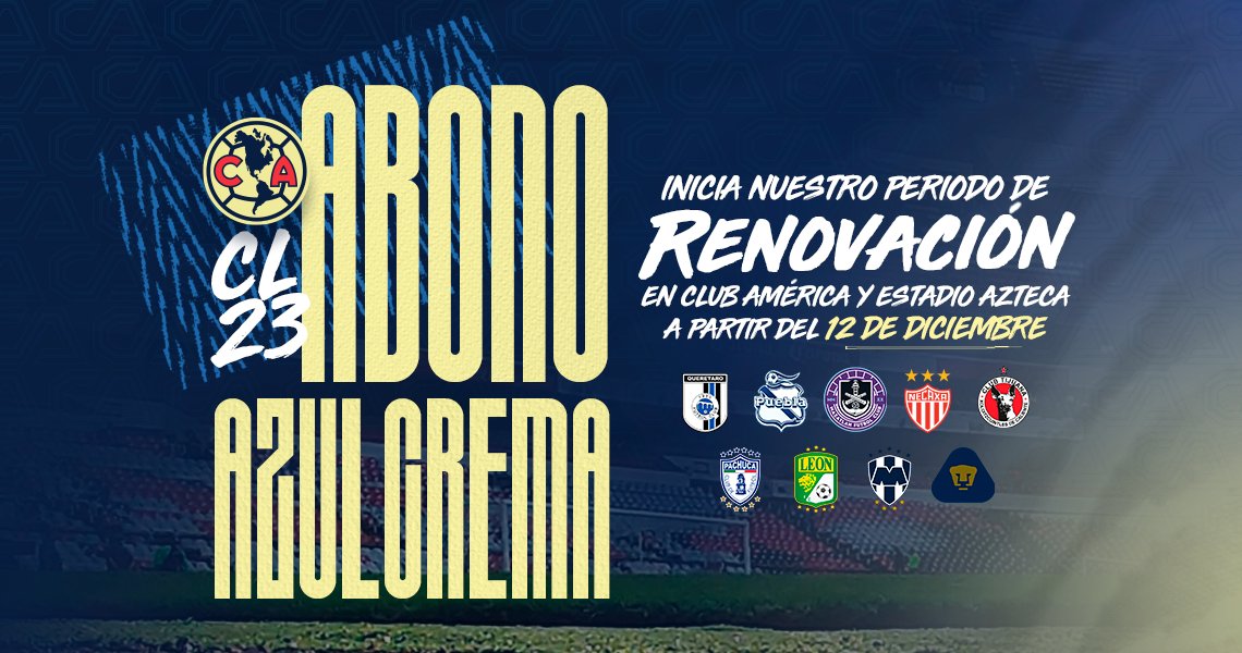 ClubAmerica's tweet photo. 𝐀𝐭𝐞𝐧𝐜𝐢ó𝐧 𝐚𝐛𝐨𝐧𝐚𝐝𝐨𝐬 🚨🦅

Inicia nuestra renovación del torneo #Clausura2023 mantente al pendiente de tu correo electrónico. 

#SomosAzulcrema https://t.co/YQrhy8AT0w