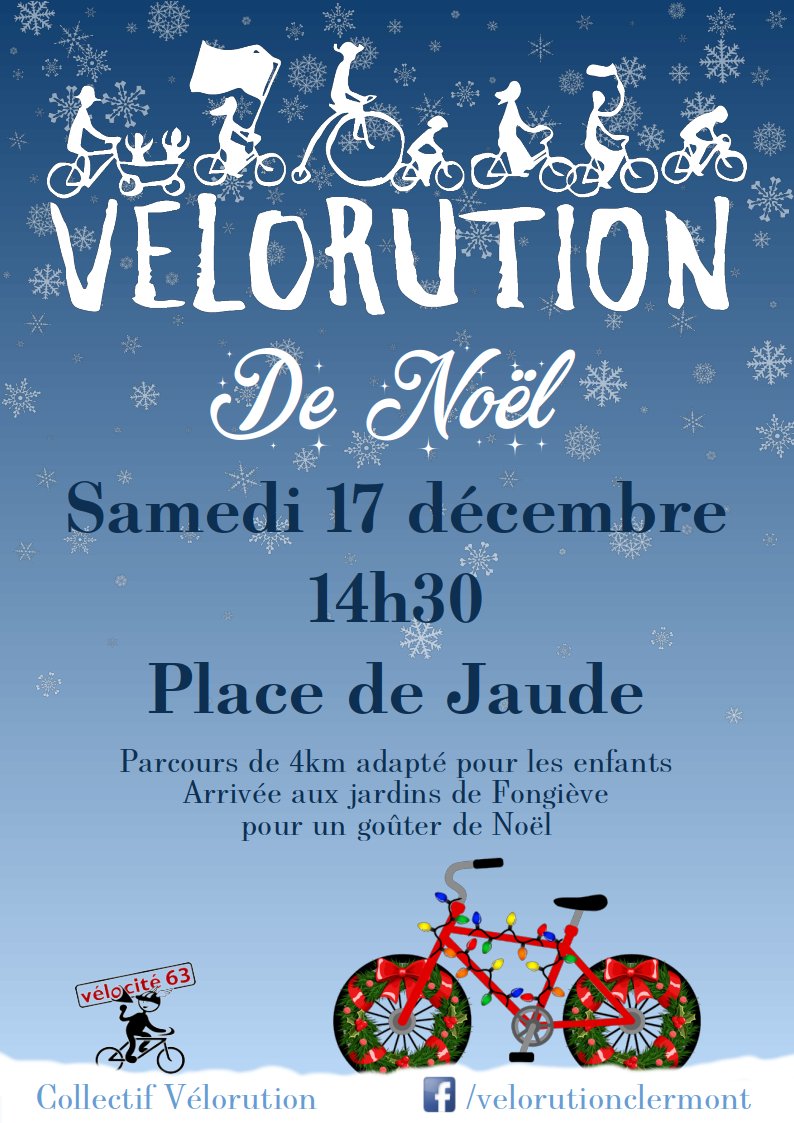 Vélorution de Noël 🤩 Samedi 17 décembre 14h30 Place de Jaude 2022
🥳Déguisez vos vélos
🚴Parcours de 4km adapté pour les enfants