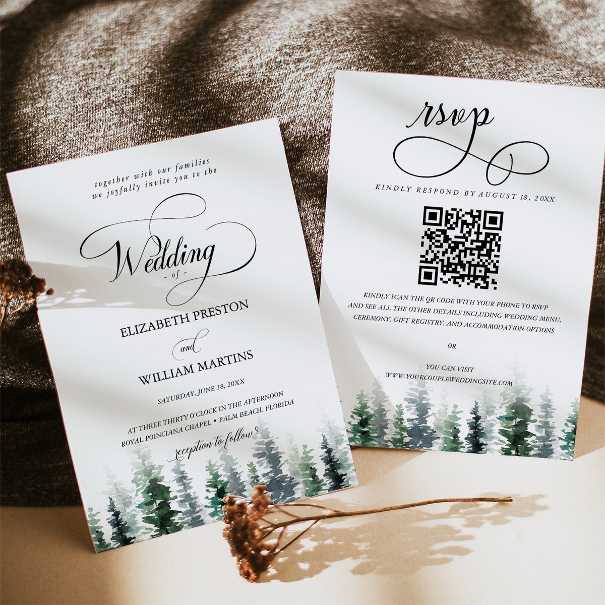DiyPrintablesCo's tweet photo. Chic Pine Forest Trees Script QR Code RSVP Wedding Invitation https://t.co/dxOjEzbIaj