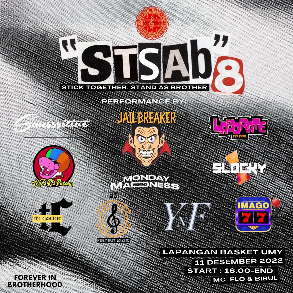 Hallo sobat musik🎶

Gigs musik tahunan paling kece UKM Musik UMY balik lagi nih📢siapa yang udah nunggu-nunggu STSAB#8🤩 Jangan lupa dateng yaaa dijamin acaranya seru bangett.eitss jangan lupa acara ini khusus untuk anggota UKM Musik UMY aja ya gaess‼️