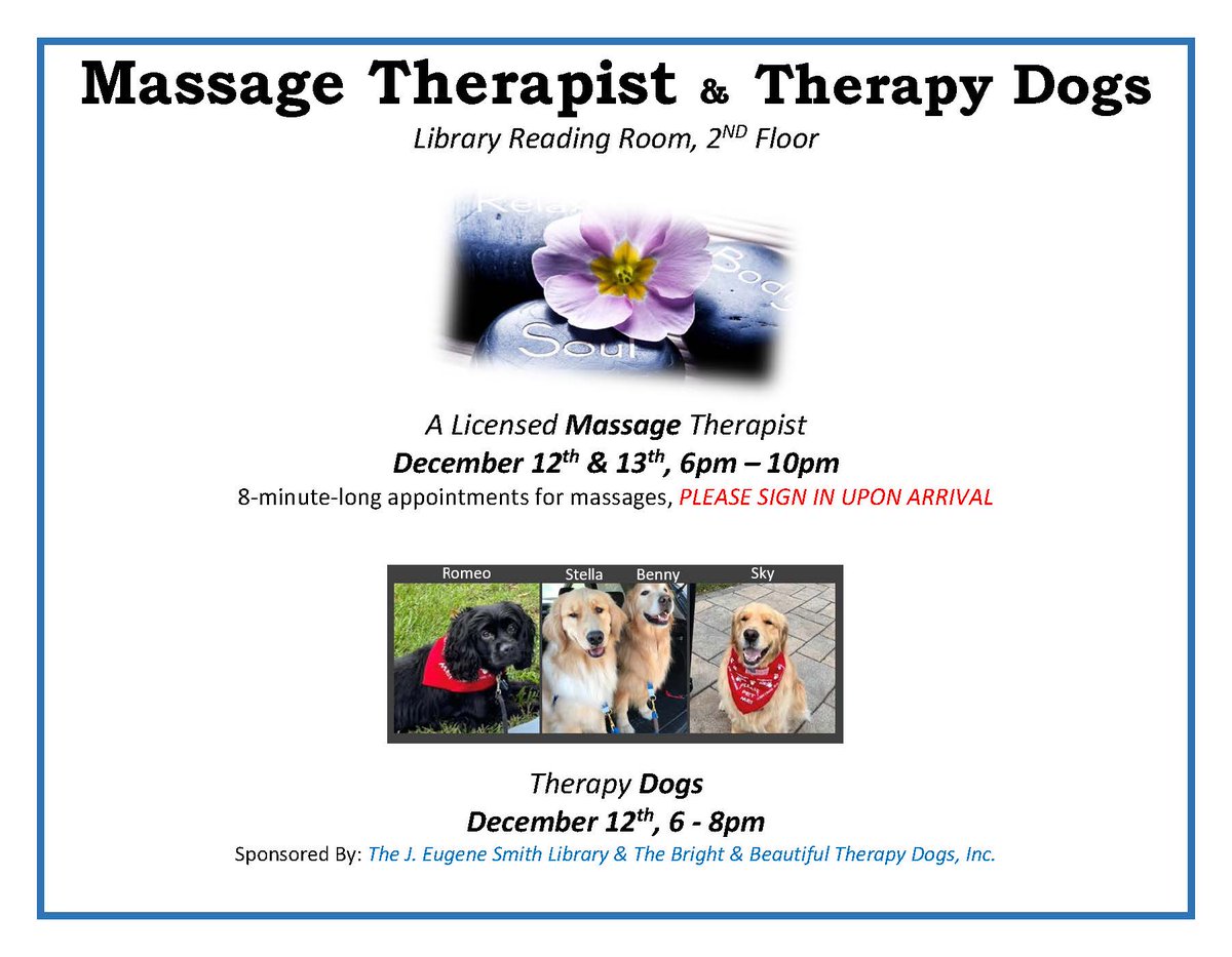 ECSULibrary's tweet photo. Fun on Monday night!  Get a massage and pet doggies! https://t.co/Tk9fUn1N51