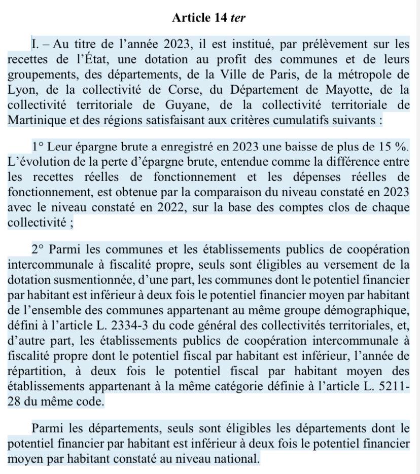 Le #PLF2023 instaure un filet de sécurité pour aider les #CollTer à faire face à l’#inflation. Comme je l’avais proposé, au nom des <a href="/Indep_Senat/">Les Indépendants Sénat</a>, le critère d’une perte d’épargne brute de 15% a été retenu contre 25% prévus dans la première mouture de l’<a href="/AssembleeNat/">Assemblée nationale</a>!