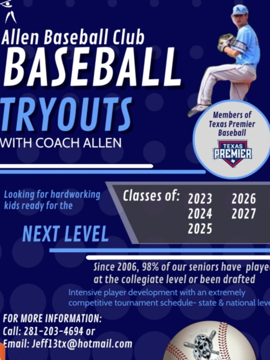 Jeff (@jeffallentke) on Twitter photo Allen Baseball Club is holding tryouts for the upcoming 2023 season. <a href="/Allenbb13/">Allen Baseball Club</a>
Dec 10-10am
Dec 11-1pm
Dec 17-10am
Dec 18-1pm
Tryouts will be held at 21 Baseball Academy
2121 Brittmoore rd suite 3900
Houston Tx
If interested please fill out attached form docs.google.com/forms/d/e/1FAI… Allen Baseball Club is holding tryouts for the upcoming 2023 season. <a href="/Allenbb13/">Allen Baseball Club</a>
Dec 10-10am
Dec 11-1pm
Dec 17-10am
Dec 18-1pm
Tryouts will be held at 21 Baseball Academy
2121 Brittmoore rd suite 3900
Houston Tx
If interested please fill out attached form docs.google.com/forms/d/e/1FAI…