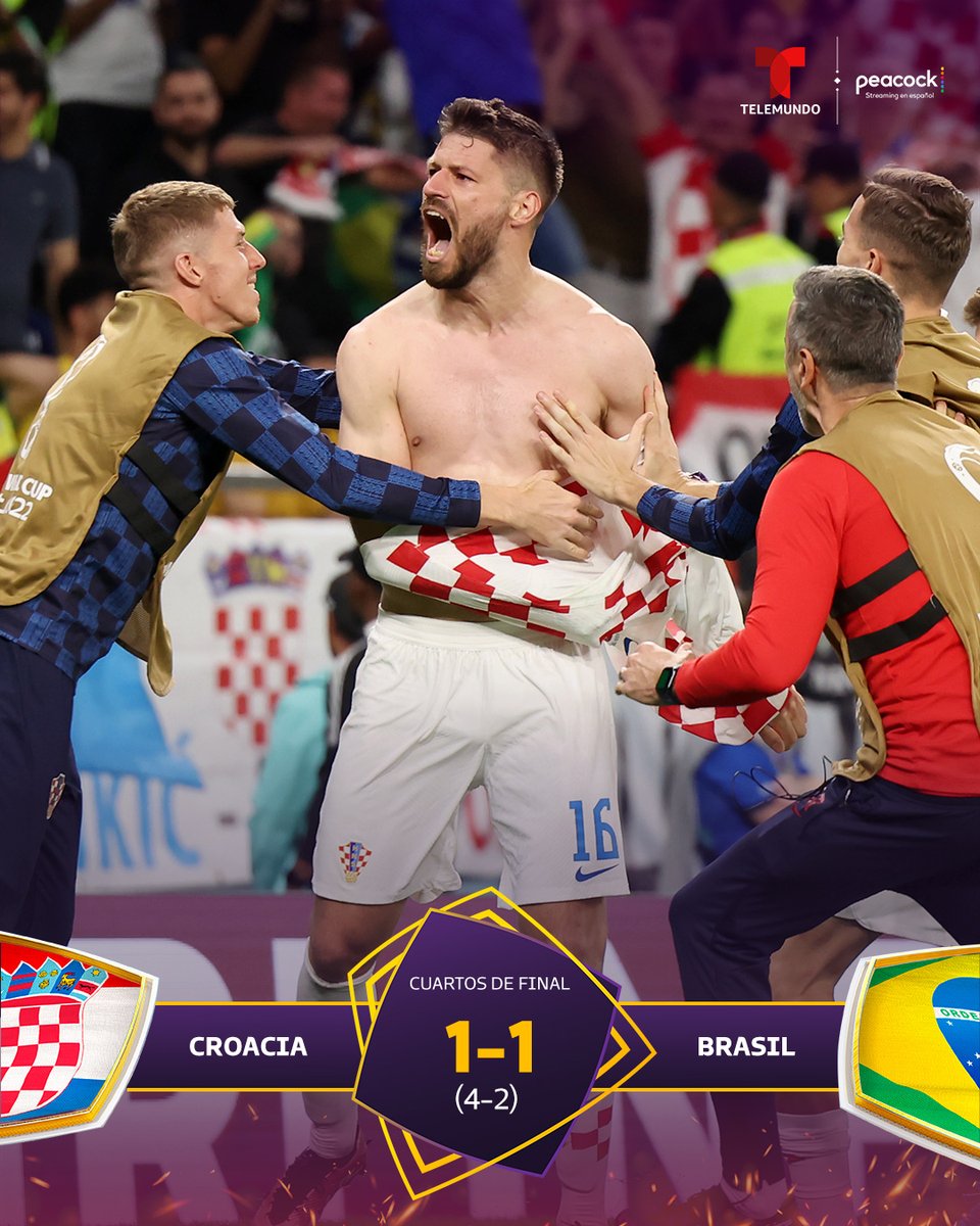 TelemundoSports's tweet photo. 🇭🇷 ¡CROACIA ELIMINA A BRASIL Y VA A LA SEMIFINAL!

🥵 En un dramático final, #HRV venció a #BRA en tanda de penales

👏 Será la tercera vez para los croatas en esa fase 

🏆¿Pueden soñar con el título ?

#ElMundialLoEsTodo #HRVvsBRA https://t.co/zAy899SXCh