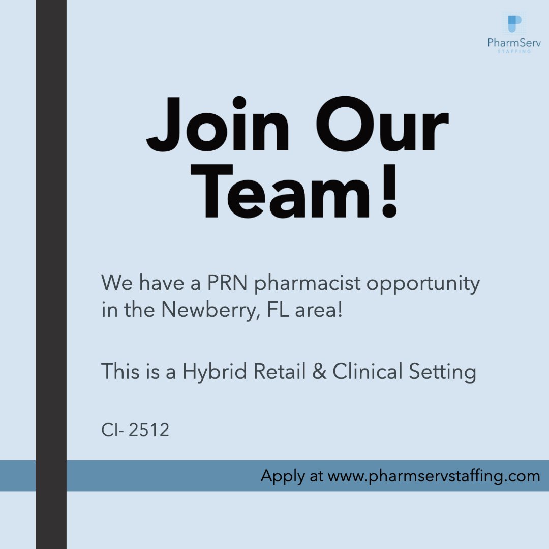 PharmServ's tweet photo. We have a PRN pharmacist opportunity in the Newberry, Florida area! This is a hybrid of retail and clinical care focusing on mental health.  

For more information or to apply visit our website at https://t.co/ftPPc1TSi1 https://t.co/0sw8SLM14b