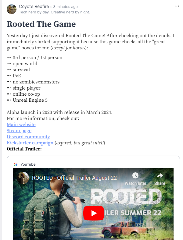 CoyoteRedfire's tweet photo. My first impressions of https://t.co/RRwAAA2zXi.
The ability to format AND edit posts is a HUGE game changer!! Also, not limited to characters. 
Here's my post about @RootedTheGame. It's SO much better than Twitter from a writer's perspective. 
#postnews 

https://t.co/C1PzwQS8k4 https://t.co/fq7iuRXzzh