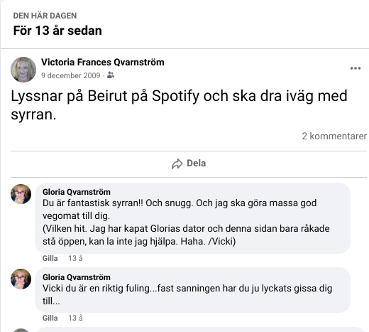 VicTrorJag's tweet photo. Lånade syrran Glorias konto för "ett tag" sedan för att smickra mig lite och nu finns hon inte med oss sedan 7 år. Vi hade det rätt roligt, som bara systrar kan, tror jag. Inte skrattat så där hysteriskt sen hon dog. Tacksam för minnena. #facerape 💕 https://t.co/2zqSWiR2kP