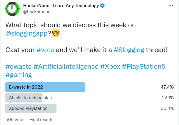 hackernoon's tweet photo. It looks like we'll be discussing #Ewaste!📱
And we'd love to have your perspective on it!

Use this link to join our discussion: https://t.co/U1AFkP6GyO

PS: don't worry! We'll get to the other topics soon enough. https://t.co/Jl8hQAYCre
