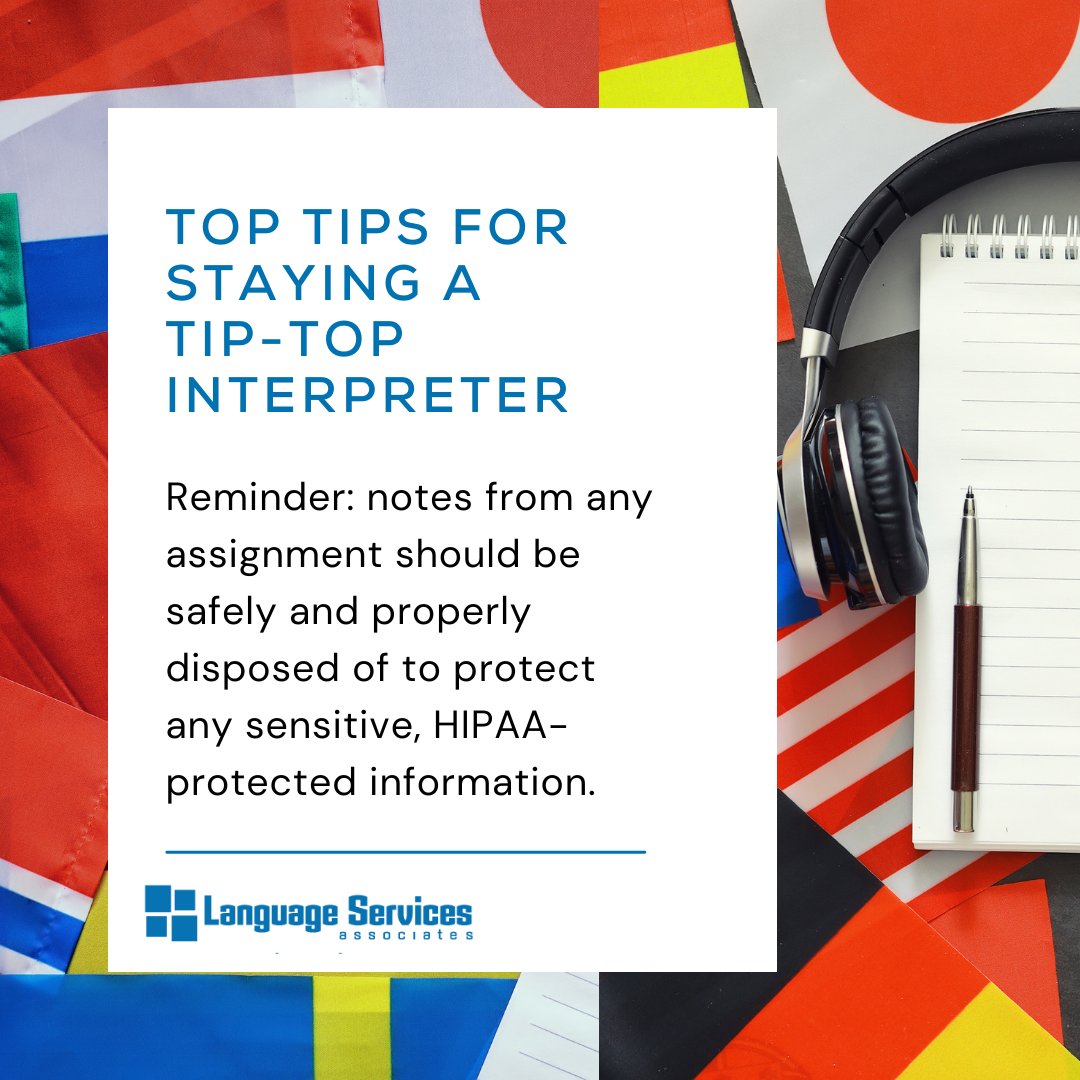LSAWeb's tweet image. Notes are a crucial part of an interpreter&apos;s session but remember: notes from any assignment should be safely and properly disposed of to protect any sensitive, HIPAA-protected information.

#InterpreterTip #Interpreter #LanguageAccess #ProfessionalTips #ProfessionalDevelopment