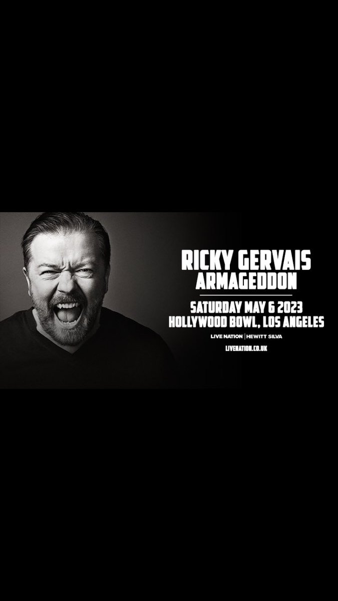 RT @rickygervais: #Armageddon tickets on sale now.
The Hollywood Fucking Bowl!
https://t.co/aEmfCoVbAK https://t.co/XftOKwIsY5