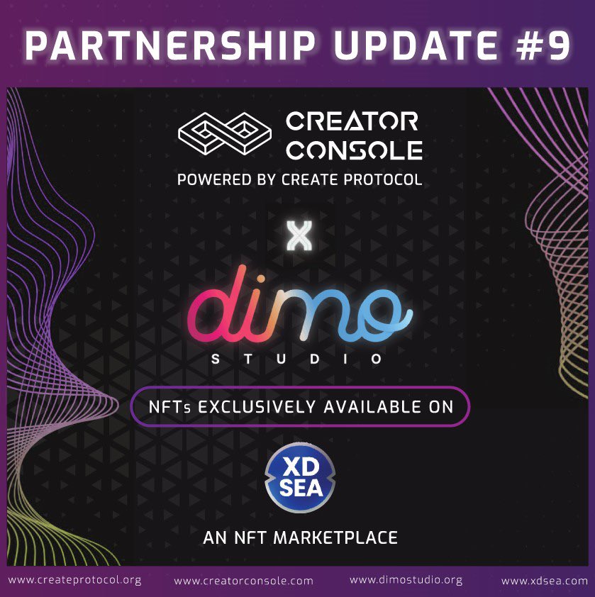 CreateProtocol's tweet image. We are super stoked to announce a major step in direction of #partnership between #CreatorConsole, our no-code NFT Platform for any creator to quickly create #NFTs without any hassle, &amp;amp; @dimostudio_ powered NFT Marketplace @XDSeaNFT 💜

Exciting times ahead 🪅