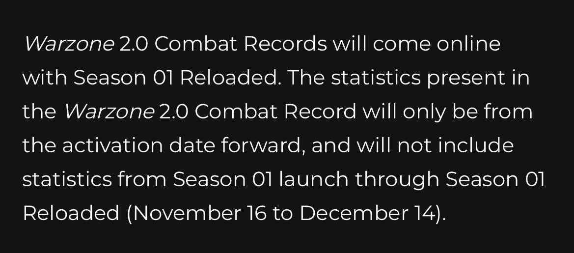 None of your Warzone stats you’ve accomplished so far will count once combat records are added on December 14th. 

Some actual bullshit for those out their grinding wins for leaderboards all this time. Some people already have as many as 400 that won’t count.