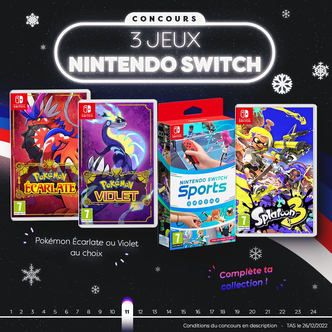 Frandroid's tweet image. #CONCOURS JOUR 11  🎮  
Gagnez 3 jeux Nintendo Switch :
Un jeu Pokémon Écarlate ou Violet, Splatoon 3 et Nintendo Switch Sports 🎄

Pour participer :
1️⃣ Tweet #FrandroidOffreMoi + jeux Nintendo Switch
2️⃣ RT + Like 
3️⃣ Follow @Frandroid + @NintendoFrance