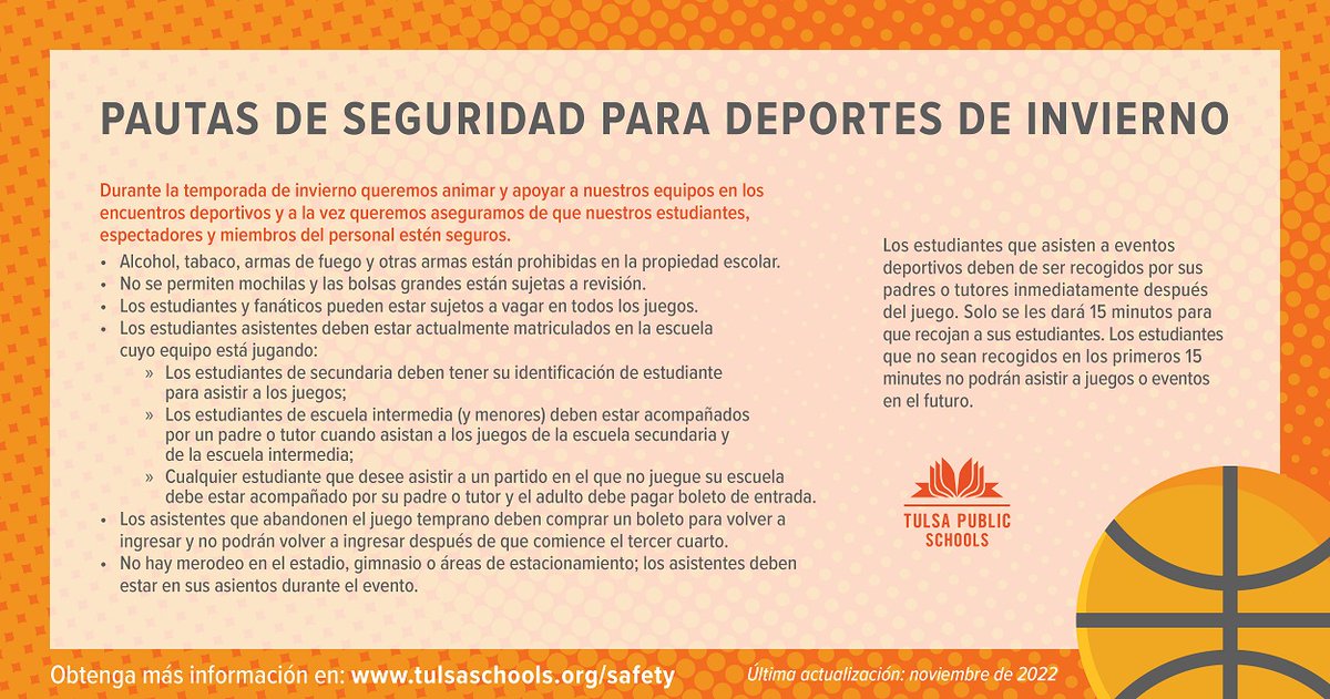 TulsaSchools's tweet image. Mientras se dirige al gimnasio para apoyar a nuestros estudiantes atletas, eche un vistazo a las pautas vigentes para asegurarse de que nuestros estudiantes, espectadores y miembros del personal se mantengan seguros. Conozca más en: TulsaSchools.org/Safety.