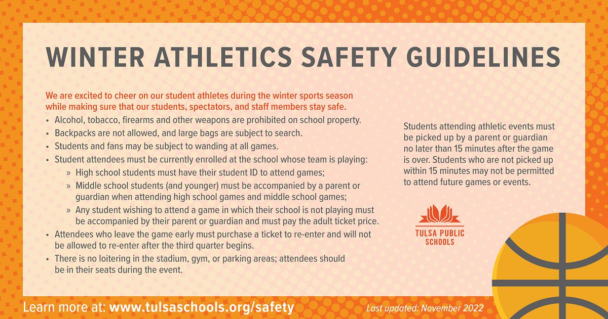 TulsaSchools's tweet image. We are SO excited for winter sports to be in full swing! As you head to the gym to support our student athletes, take a look at the guidelines in place to make sure our students, spectators, and staff members stay safe. Learn more here: TulsaSchools.org/Safety.