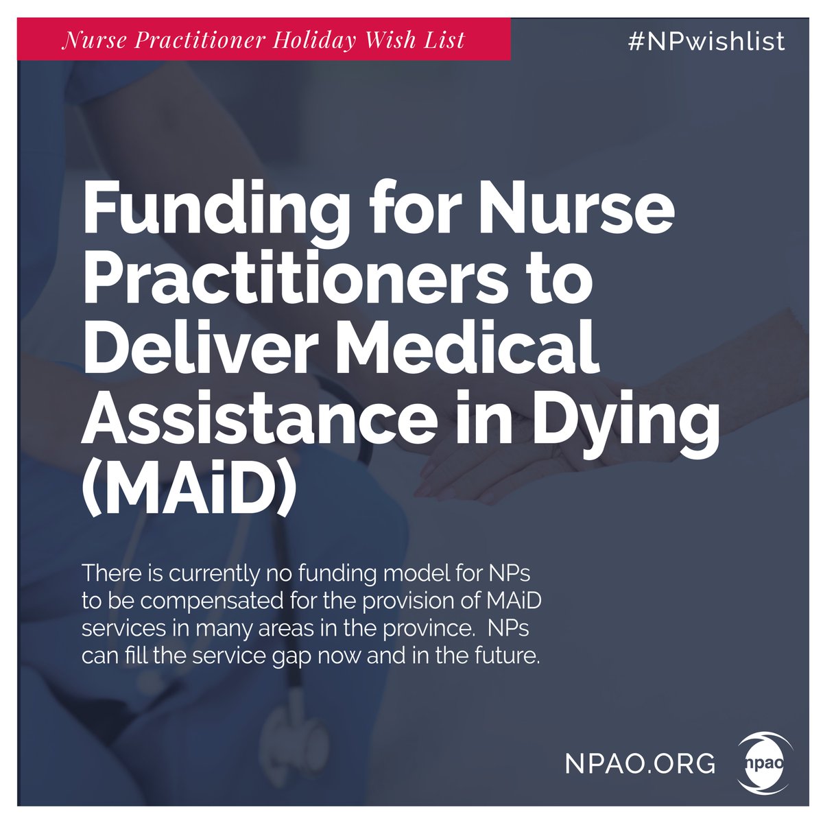 On the 12th day of Christmas the Ontario Government gave to the people of #Ontario…

Our Wish: Funding for NPs to Deliver Medical Assistance in Dying (#MAiD)

Follow along &amp; view the entire NP wish list at: npao.org/npao-2022-holi…

#NPwishlist #FundingforNPs #NPMAiD #OnPoli