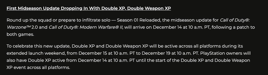 Another Double XP weekend was just announced 

Double XP &amp; Double Weapon XP LIVE Dec 15 at 10am PT through Dec 19 at 10am PT 

PlayStation Double XP live Dec 14 - Dec 15 at 10am PT