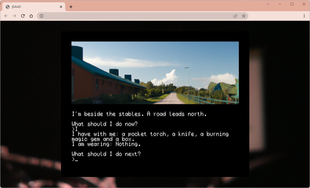 uto_dev's tweet photo. I managed to implement PICTURE and DISPLAY today. Despite jDAAD tries to have a retro style, in the line of DAAD, and has a game screen resolution of 320x200, it supports any PNG file so what you see below is a truecolor 320x100 location image. https://t.co/FIx2NqPpwr