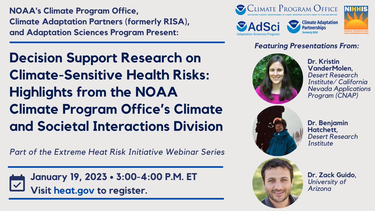 NOAAClimate's tweet photo. On January 19, 2023, 3pm ET, join NOAA's Adaptation Sciences research program and CAP/RISA program to discuss research results of heat-related projects in the next webinar in the Extreme Heat Risk Initiative Series. 
Register: https://t.co/MLKY6JzVEB
Info: https://t.co/9bOJon5nyZ https://t.co/VIKHHqKwiP