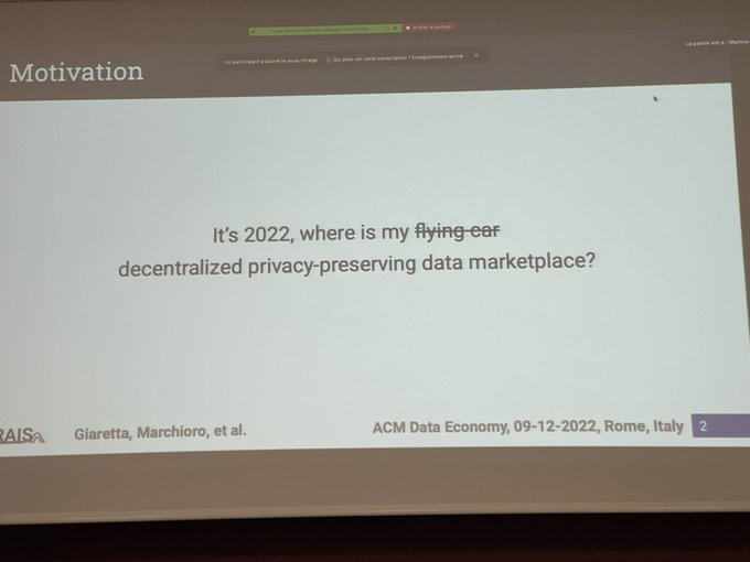 el_capro's tweet photo. @oceanprotocol founder- @BrucePon was at the ACM Data Economy workshop in ๐ฎ๐น along with reps from @MIT, @intel, @Google, @amazon and more.
He spoke on Oceanโs strategic initiatives to usher in the #NewDataEconomy.
#Crypto #Alts #Web3 #DataDriven #CoNEXT2022 https://t.co/ATvOvOU0R7