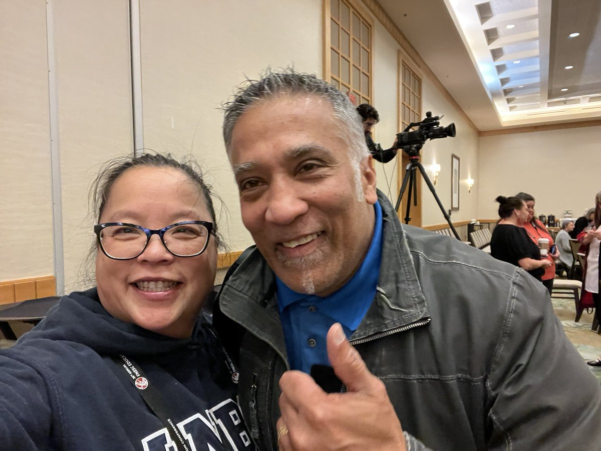 ChristineYH's tweet photo. Guess who I bumped into at #FNESC22? We first met many years ago when I was on practicum and he was TTOCโing in Maple Ridge. We met again on the Sunshine Coast Teaching. Now look at where we are. https://t.co/DzRIqDFEQM