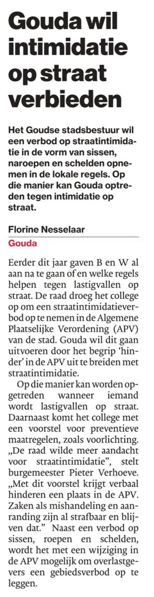 Terecht dat Gouda intimidatie op straat wil verbieden. Mooi resultaat van je oproep in <a href="/RaadGouda/">Gemeenteraad Gouda</a>, Eppy! 💚