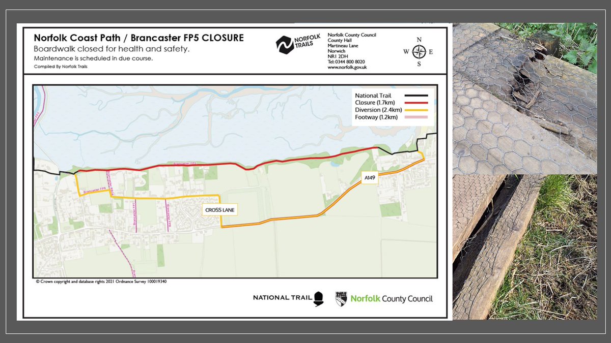#NorfolkCoastPath’s boardwalk at Brancaster, between Harbour Way and Butcher’s Drove, will be closed for longer than was originally planned due to a rapid deterioration. Updates can be found on the National Trail website under the activity log: nationaltrail.co.uk/en_GB/short-ro…