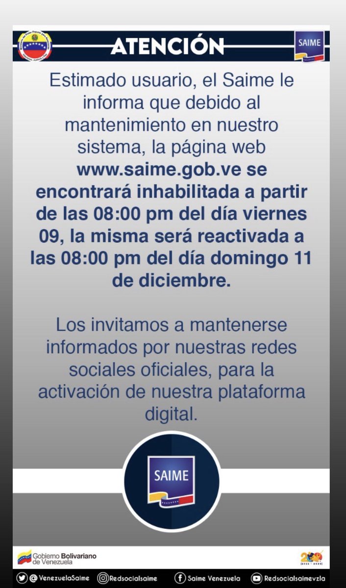 #Saime en su página principal estará deshabilitada el fin de semana quizás también esté la página de trámites. Tramites.SAIME.gob.ve esperemos que llegue con nueva cara para #Extranjeria #Migracion