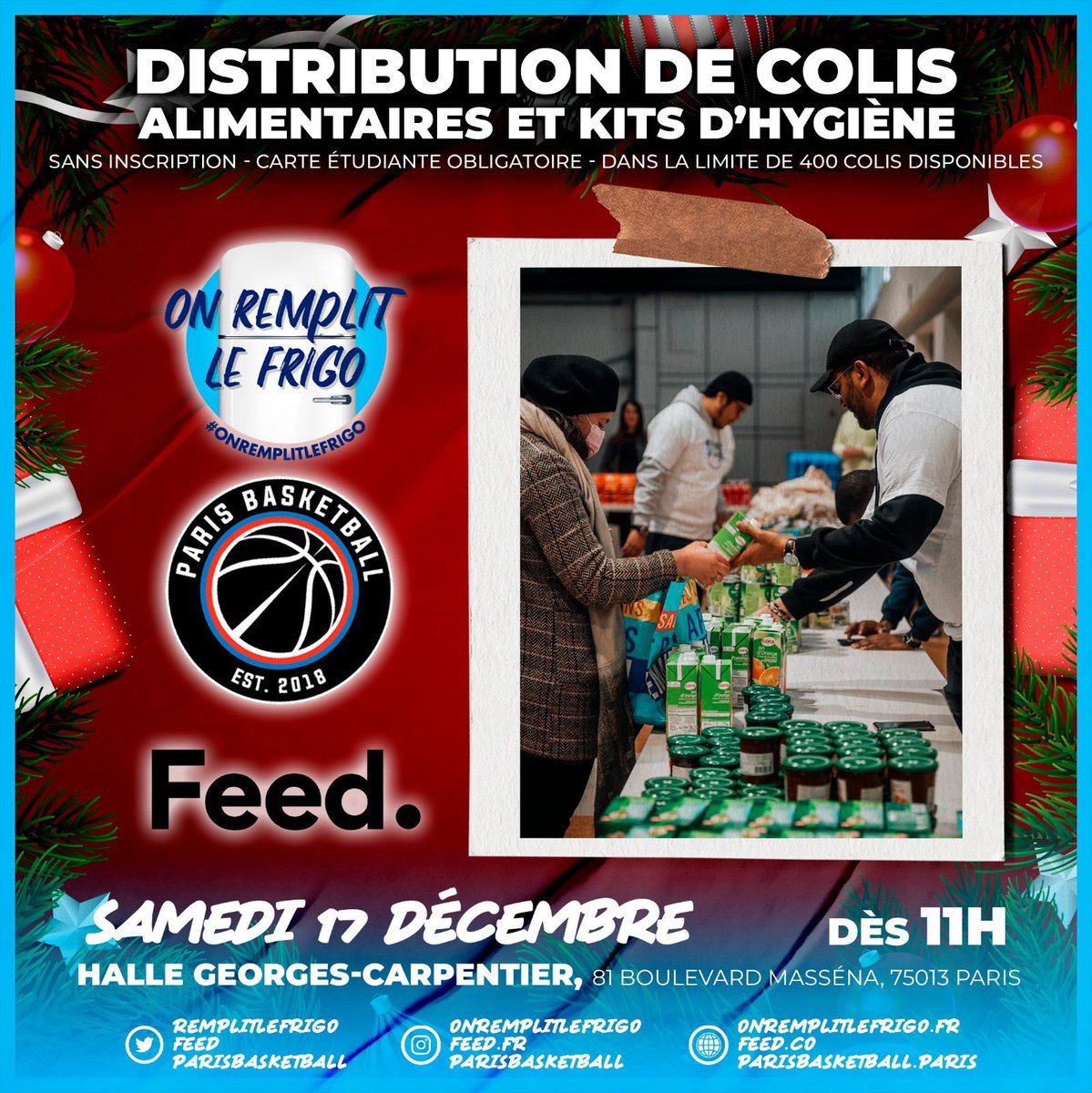 La prochaine distribution sera la plus grosse de l’année en collaboration avec <a href="/feed/">Feed.</a> et le <a href="/ParisBasketball/">Paris Basketball</a> pour 400 ÉTUDIANTS ! 

📍Rendez-vous à la Halle Carpentier à partir de 11h le 17 Décembre ! 

🚨Carte étudiante et sac obligatoire !

Rt appréciés 🙏🏼