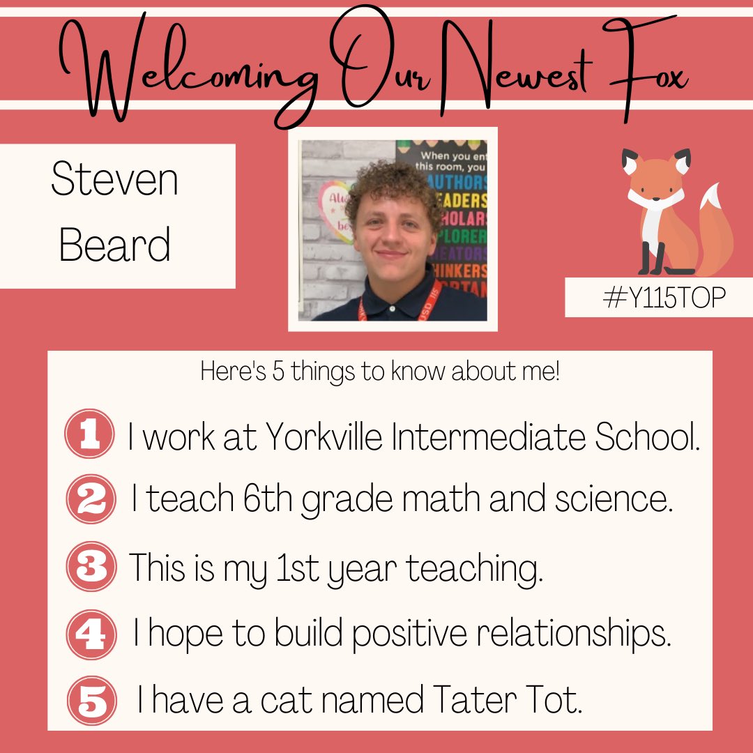 We’re so happy this new grad🎓 has joined <a href="/115yis/">Yorkville Intermediate School</a>! Welcome to <a href="/Yorkville115/">Yorkville Community Unit School District 115</a>, Steven Beard! 🦊🎉 #Y115TOP