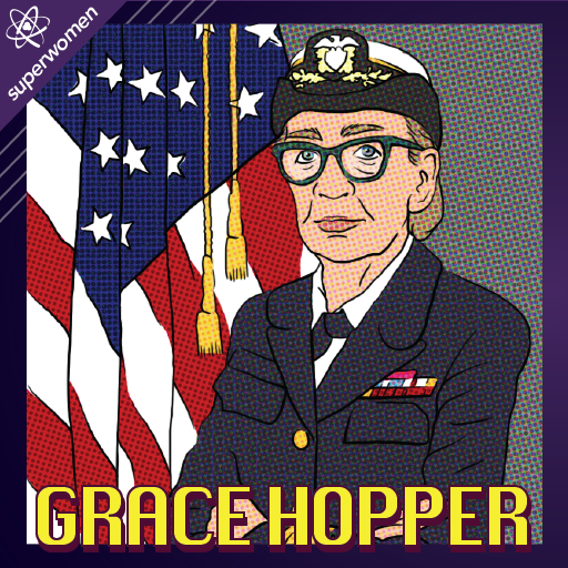 A cartoon portrait of Adm. Grace Hopper.