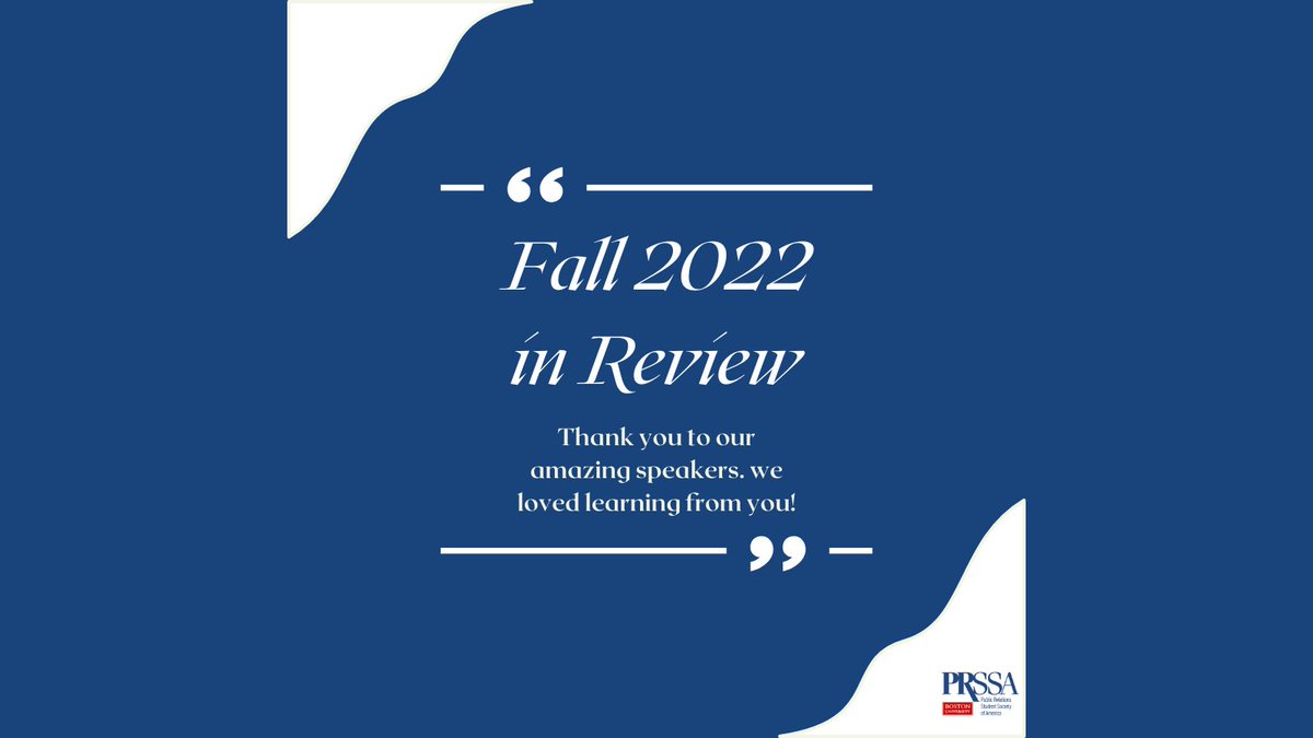 BUPRSSA's tweet image. BU PRSSA would like to thank our amazing speakers from this fall semester! We loved your insight and all the advice you gave to our members. We are so excited to see what comes next semester.