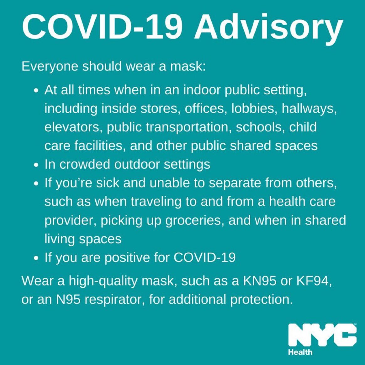 ⚠️MASK WEARING ADVISORY— New York City health department issues rec to #WearAMask “at all times when in an indoor public settings” including stores, schools, childcare facilities, elevators, public transit, public shared spaces, & even *crowded outdoor settings*! #BringBackMasks