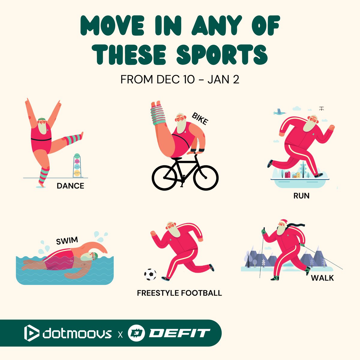 dotmoovs's tweet photo. @DEFITofficial Ho, Ho, Ho,
the @dotmoovs x @DEFITofficial: X-MAS Tournament STARTS NOW ๐
Complete the most challenges or activities for a chance to win various prizes ๐
You must do at least 1 activity in each app!
Sign-up required: https://t.co/i0873G4Ttz
Dec 10th - Jan 2nd ๐๏ธ
Details ๐ https://t.co/Ct89Imttyz